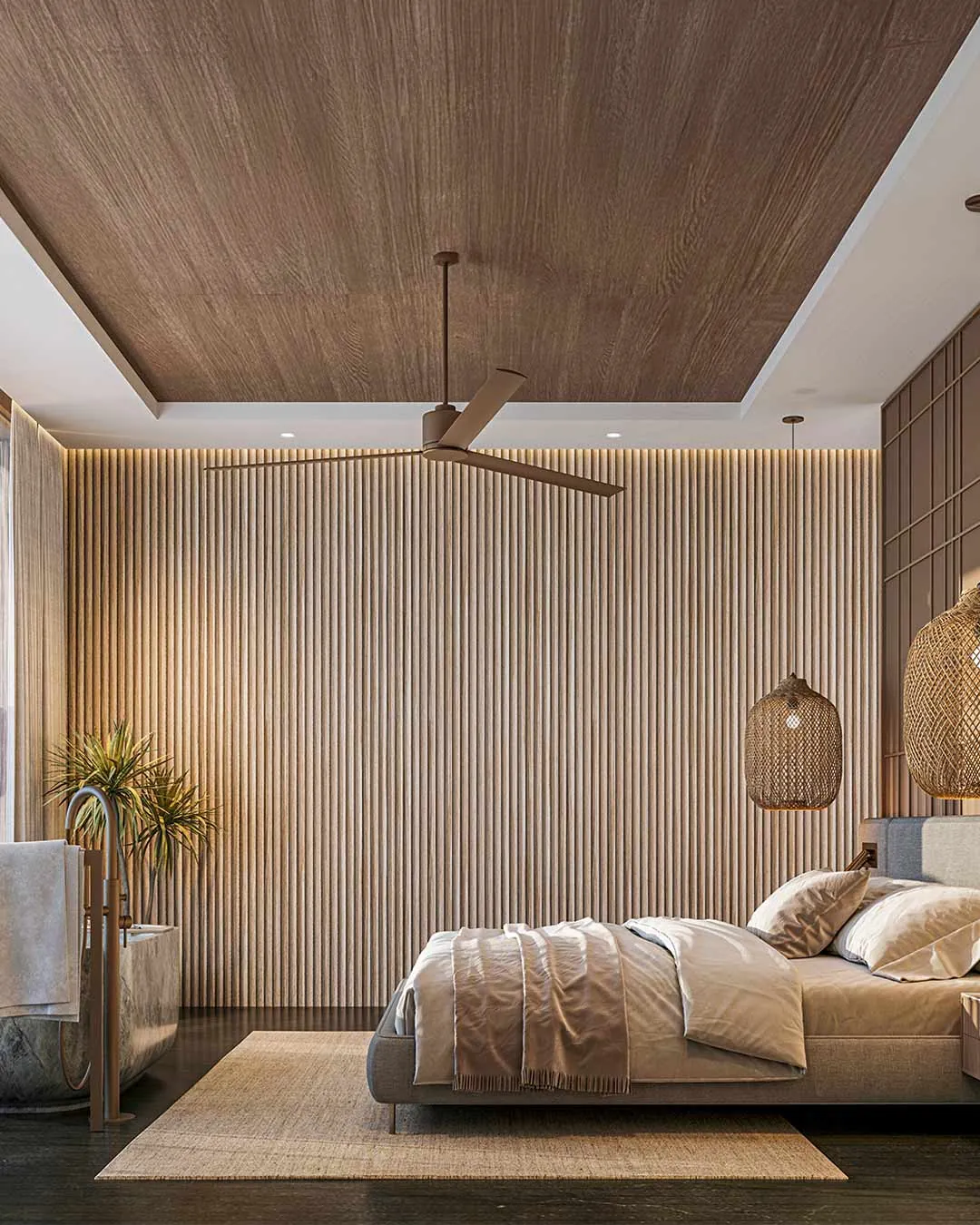 Bedroom with timber-panelled walls, ceiling fan and woven pendant lights