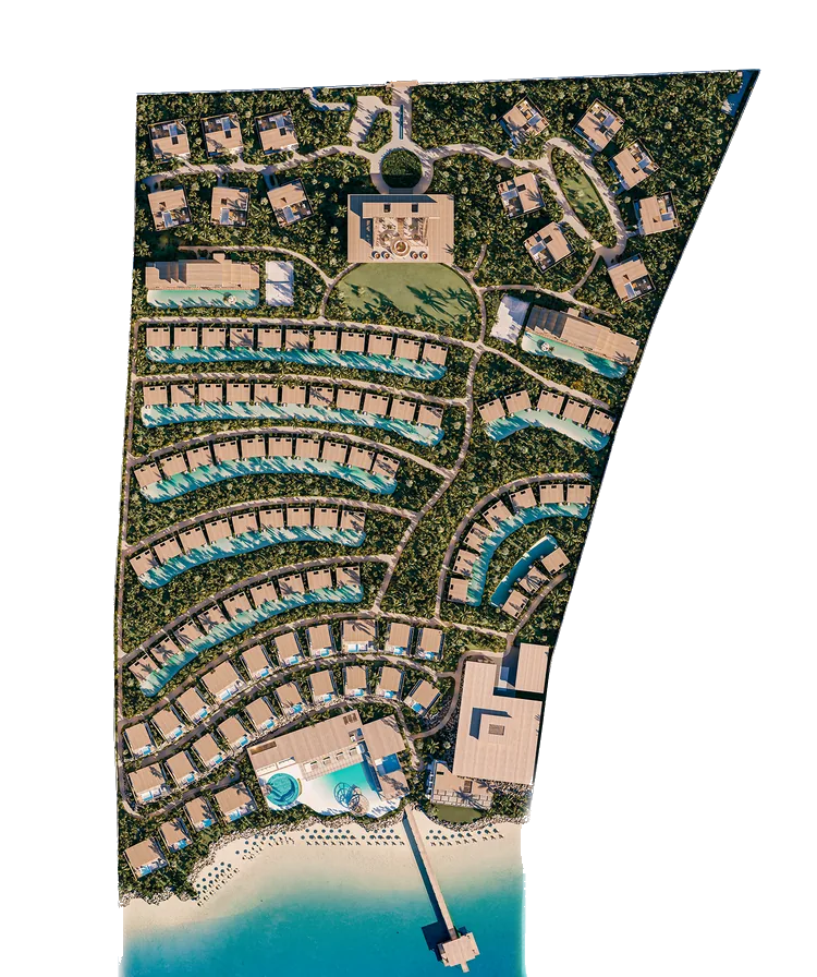 Masterplan of Anantara Zanzibar Resort & Residences showing the villas, lagoon pools, resort facilities and beach jetty
